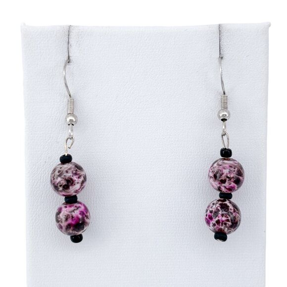 Vintage Sterling Silver 925 Purple Swirl Glass Beaded Dangle Earrings - Picture 2 of 6